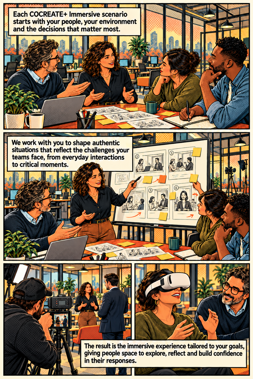 A comic showing a team co-creating an immersive scenario, developing an authentic storyboard, filming it and experiencing the finished scenario in virtual reality.