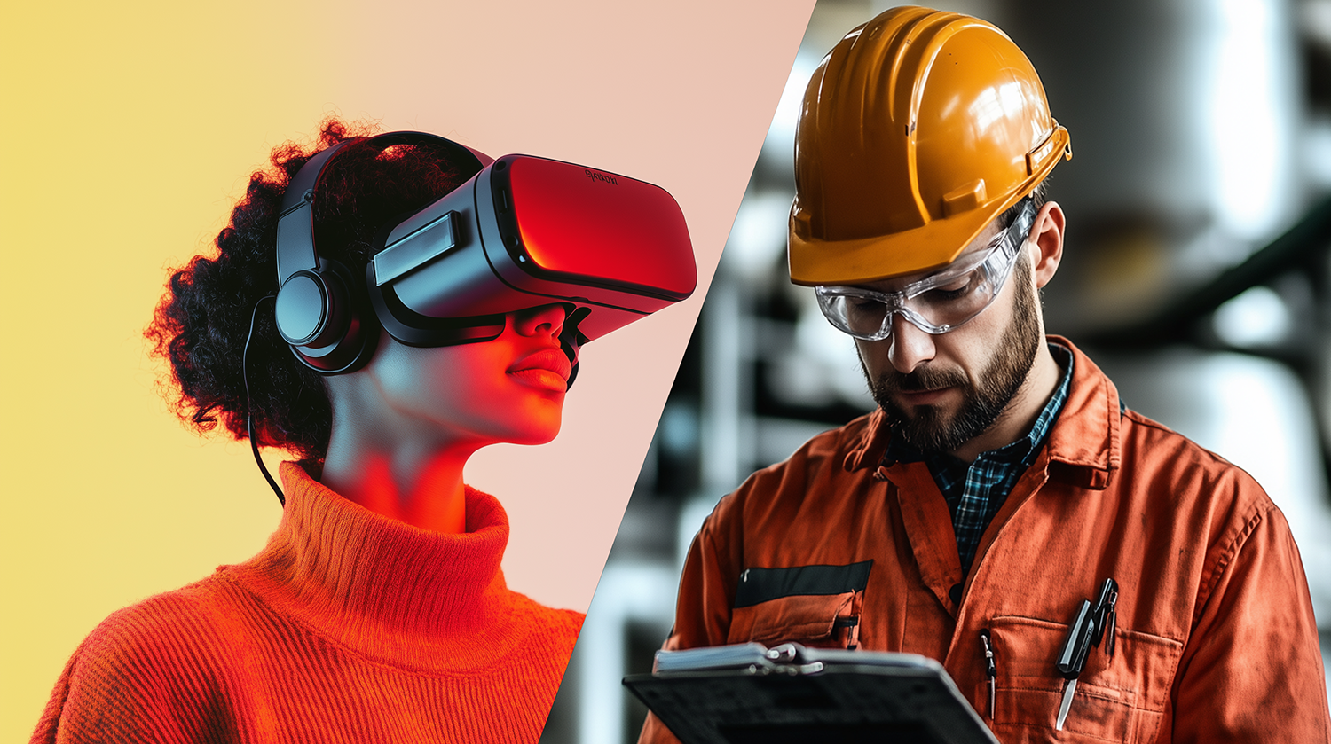 A learner using virtual reality alongside an industrial professional