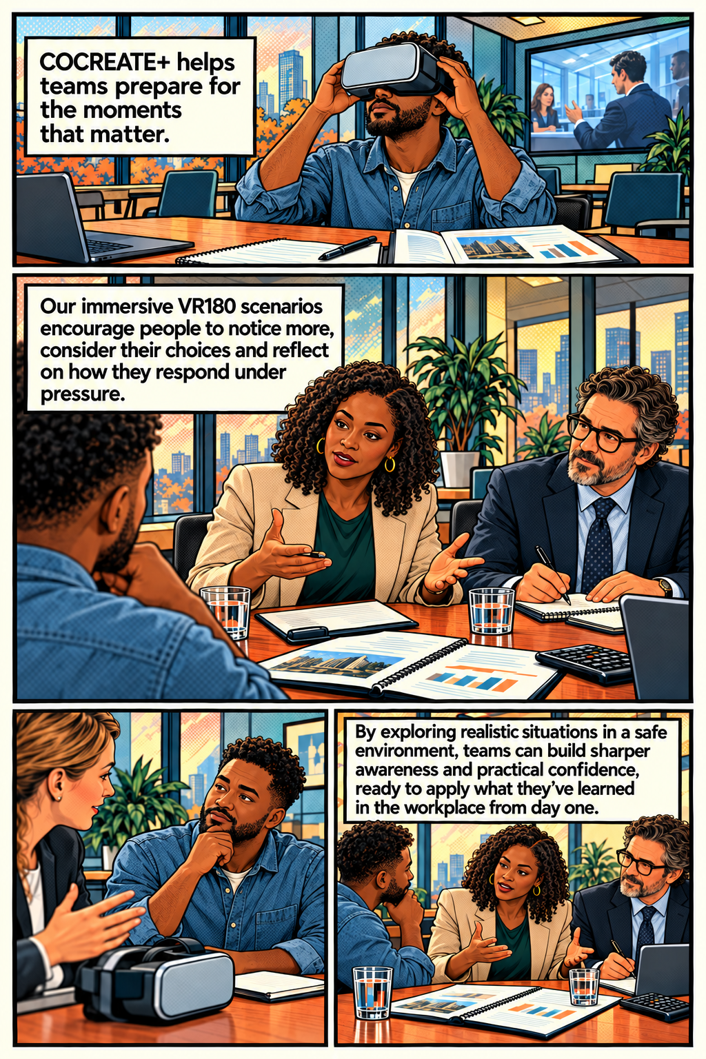 A comic showing immersive VR training helping teams practise high-pressure moments, reflect on their choices and build confidence for real workplace situations.