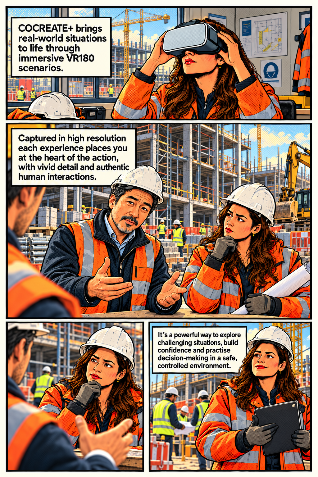A comic showing construction professionals using immersive VR180 training to explore challenging site situations, build confidence and practise decision-making safely.